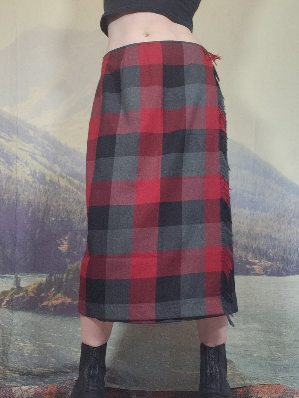 Vtg 90s Grunge Sz 8 Red, Black and Gray Plaid Maxi Skirt with Fringe